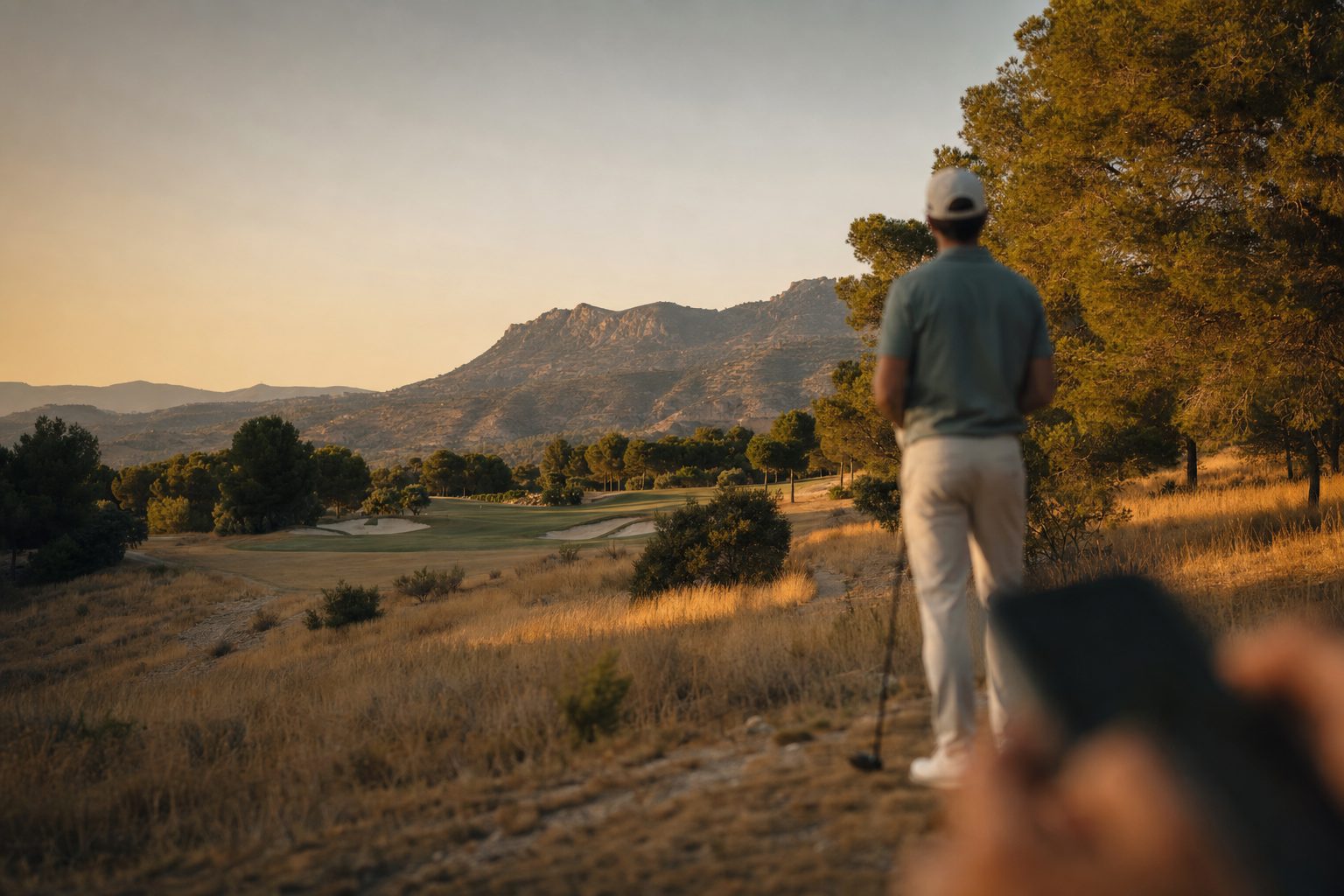 Jugador mirando hacia el green al atardecer en un campo del sureste español