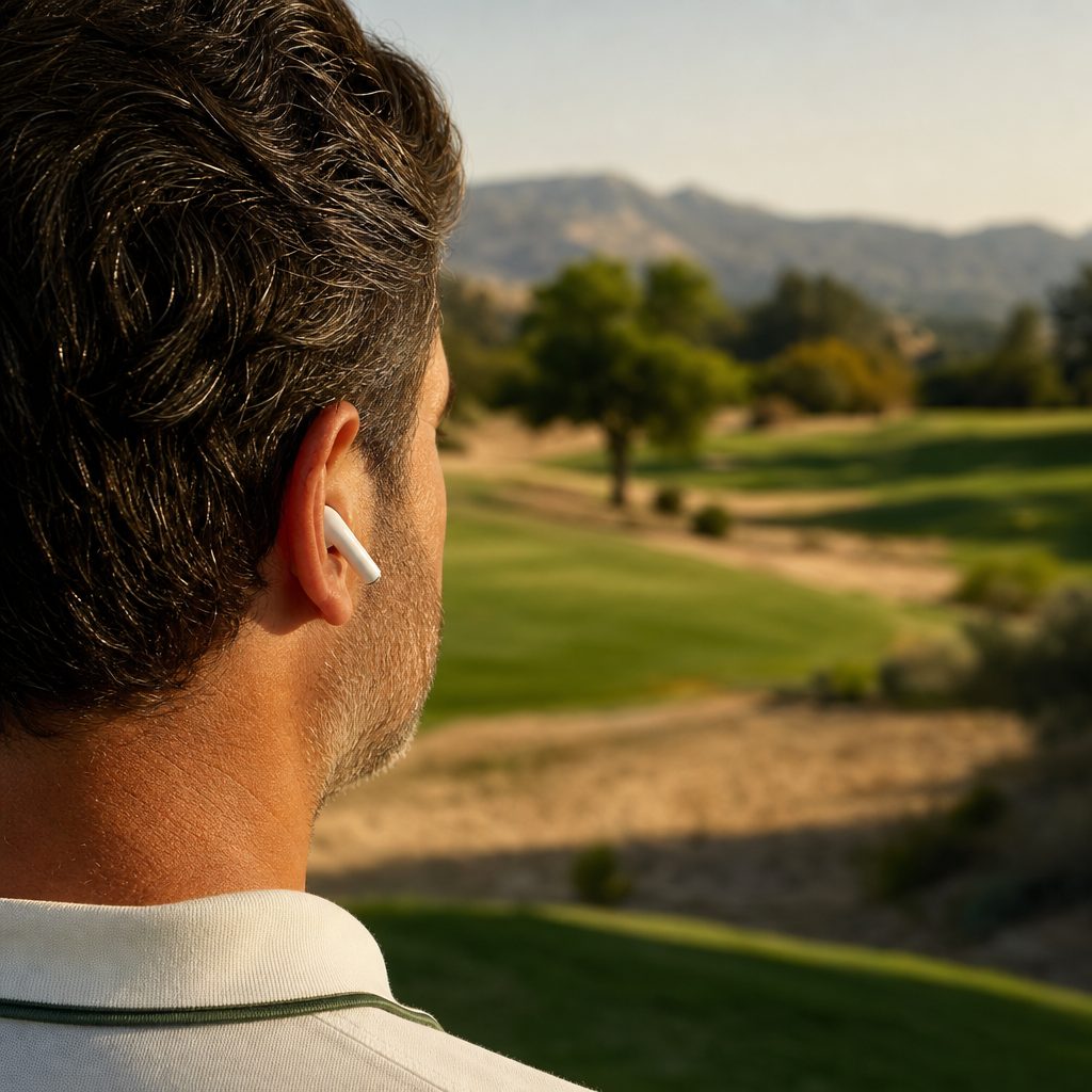 Jugador con un auricular inalámbrico en un campo de golf